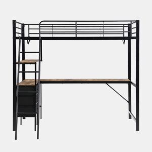 Beliche, 90x200cm - Três gavetas, Mesa de 2m, Escada inclinada com 4 degraus - Preto + Nogueira escura