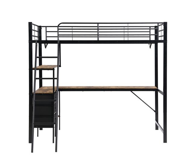 Litera, 90x200cm - tres cajones, mesa de 2m, escalera inclinada de 4 peldaños - negro + nogal oscuro