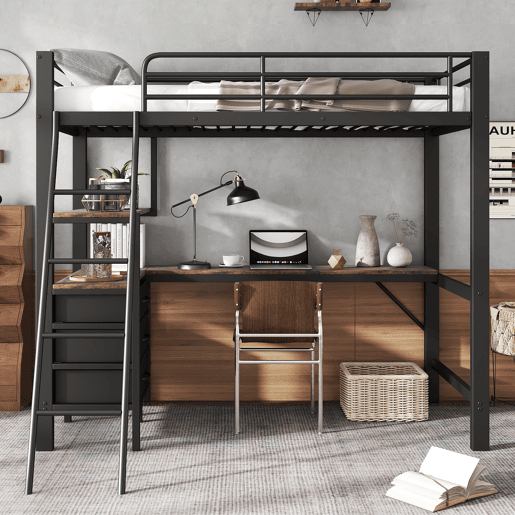 Beliche, 90x200cm - Três gavetas, Mesa de 2m, Escada inclinada com 4 degraus - Preto + Nogueira escura
