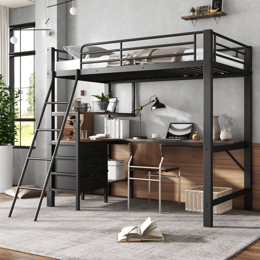 Beliche, 90x200cm - Três gavetas, Mesa de 2m, Escada inclinada com 4 degraus - Preto + Nogueira escura