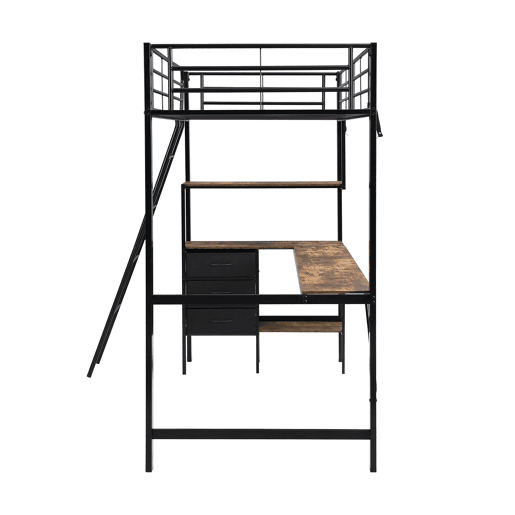 Beliche, 90x200cm - Três gavetas, Mesa de 2m, Escada inclinada com 4 degraus - Preto + Nogueira escura