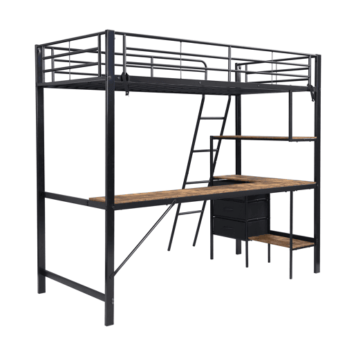Beliche, 90x200cm - Três gavetas, Mesa de 2m, Escada inclinada com 4 degraus - Preto + Nogueira escura