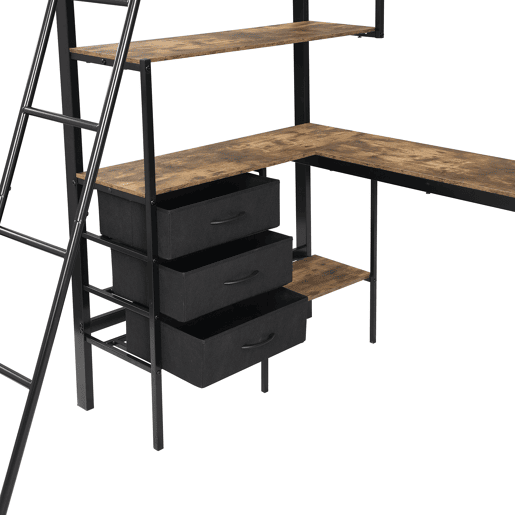 Beliche, 90x200cm - Três gavetas, Mesa de 2m, Escada inclinada com 4 degraus - Preto + Nogueira escura