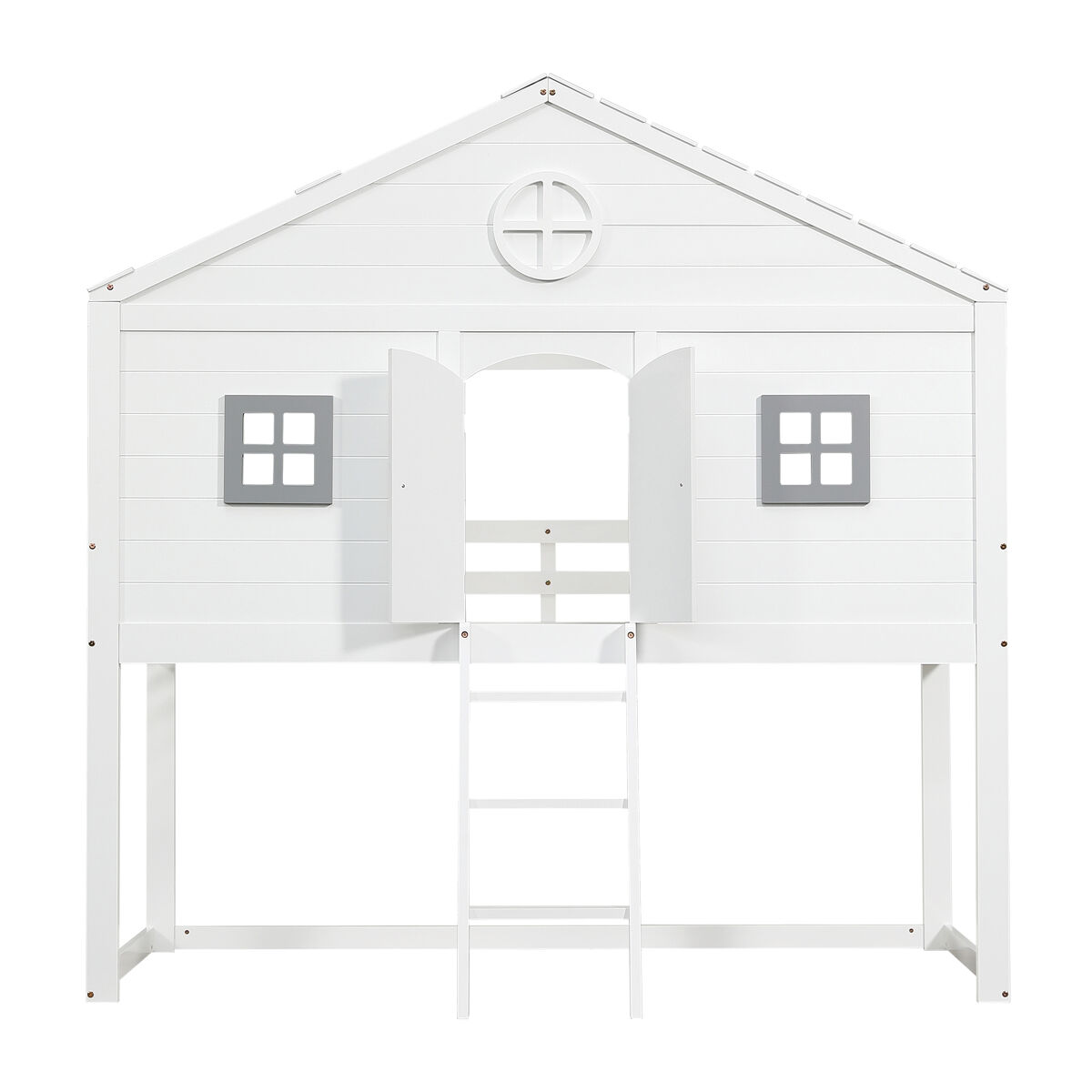 Cama tipo casa 90x200cm - con escalera, protección anticaídas, dos ventanas grises - blanco+gris