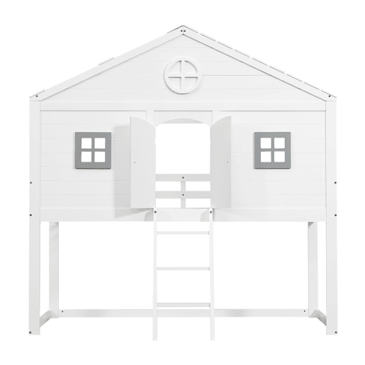 Cama tipo casa 90x200cm - Com escada, proteção anticaídas, duas janelas cinzentas - Branco+Cinza