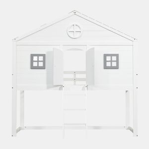 Cama tipo casa 90x200cm - Com escada, proteção anticaídas, duas janelas cinzentas - Branco+Cinza