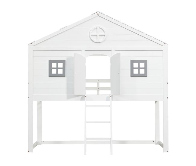Cama tipo casa 90x200cm - con escalera, protección anticaídas, dos ventanas grises - blanco+gris
