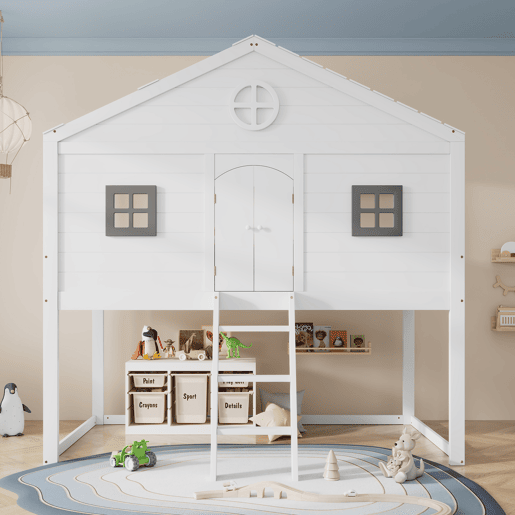 Cama tipo casa 90x200cm - Com escada, proteção anticaídas, duas janelas cinzentas - Branco+Cinza