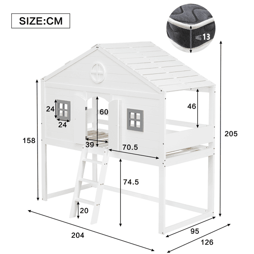 Cama tipo casa 90x200cm - Com escada, proteção anticaídas, duas janelas cinzentas - Branco+Cinza