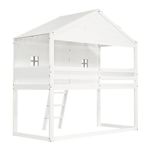 Cama tipo casa 90x200cm - Com escada, proteção anticaídas, duas janelas cinzentas - Branco+Cinza