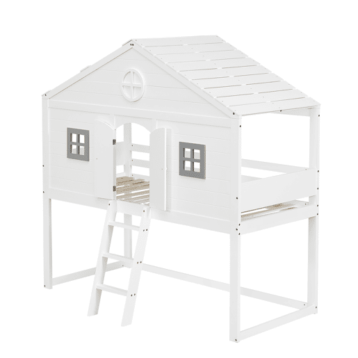 Cama tipo casa 90x200cm - Com escada, proteção anticaídas, duas janelas cinzentas - Branco+Cinza
