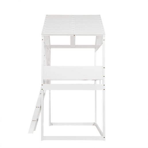 Cama tipo casa 90x200cm - Com escada, proteção anticaídas, duas janelas cinzentas - Branco+Cinza