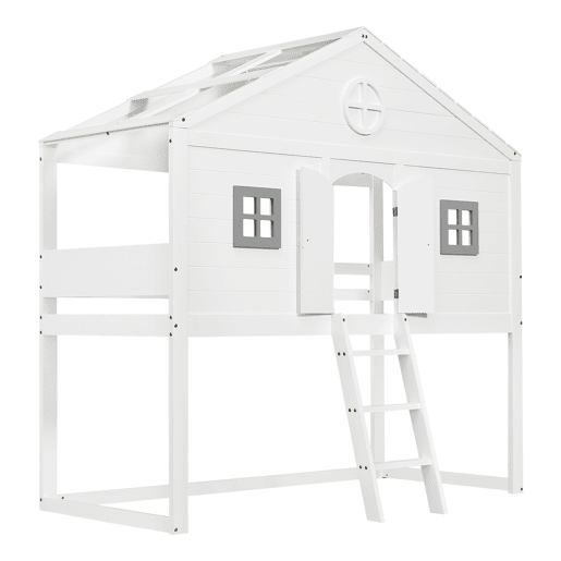 Cama tipo casa 90x200cm - Com escada, proteção anticaídas, duas janelas cinzentas - Branco+Cinza