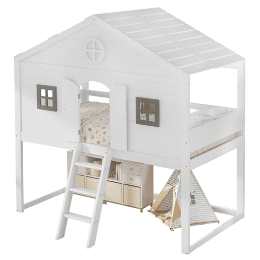 Cama tipo casa 90x200cm - Com escada, proteção anticaídas, duas janelas cinzentas - Branco+Cinza