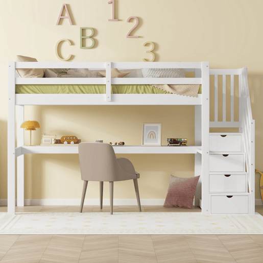 Cama alta 90x200 cm - Cama infantil com gavetas de arrumação e secretária debaixo da cama - Branco Cama alta 90x200 cm - Cama infantil com gavetas de arrumação e secretária debaixo da cama - Branco
