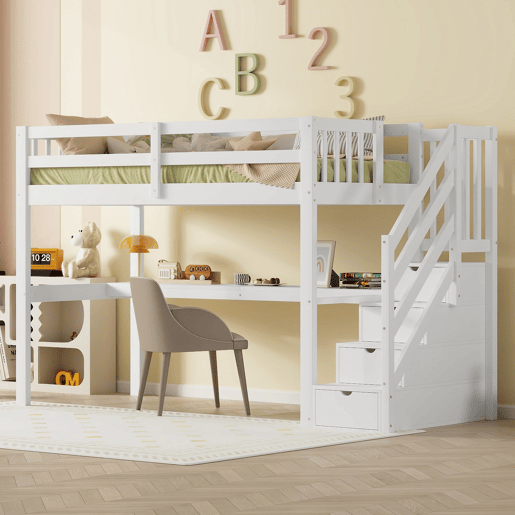 Cama alta 90x200 cm - Cama infantil com gavetas de arrumação e secretária debaixo da cama - Branco Cama alta 90x200 cm - Cama infantil com gavetas de arrumação e secretária debaixo da cama - Branco