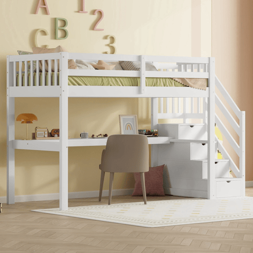 Cama alta 90x200 cm - Cama infantil com gavetas de arrumação e secretária debaixo da cama - Branco Cama alta 90x200 cm - Cama infantil com gavetas de arrumação e secretária debaixo da cama - Branco