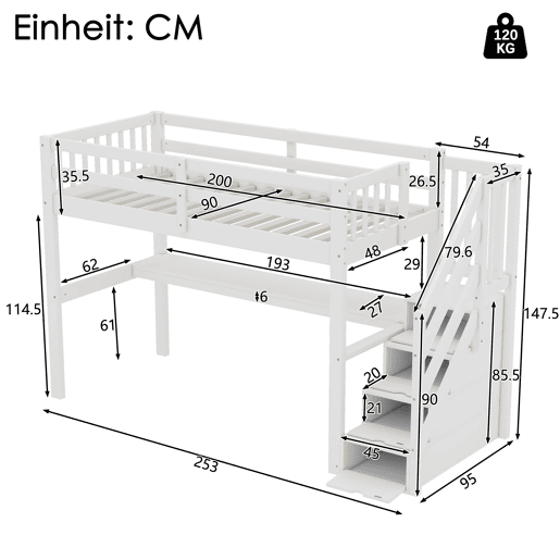 Cama alta 90x200 cm - Cama infantil com gavetas de arrumação e secretária debaixo da cama - Branco Cama alta 90x200 cm - Cama infantil com gavetas de arrumação e secretária debaixo da cama - Branco