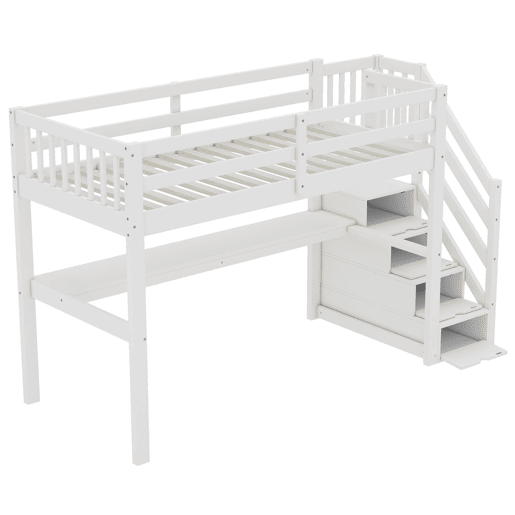 Cama alta 90x200 cm - Cama infantil com gavetas de arrumação e secretária debaixo da cama - Branco Cama alta 90x200 cm - Cama infantil com gavetas de arrumação e secretária debaixo da cama - Branco