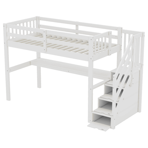 Cama alta 90x200 cm - Cama infantil com gavetas de arrumação e secretária debaixo da cama - Branco Cama alta 90x200 cm - Cama infantil com gavetas de arrumação e secretária debaixo da cama - Branco