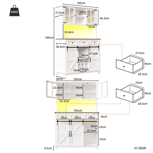 Armário de cozinha de mdf com 4 portas,3 gavetas e luz led,branco Armário de cozinha de mdf com 4 portas,3 gavetas e luz led,branco