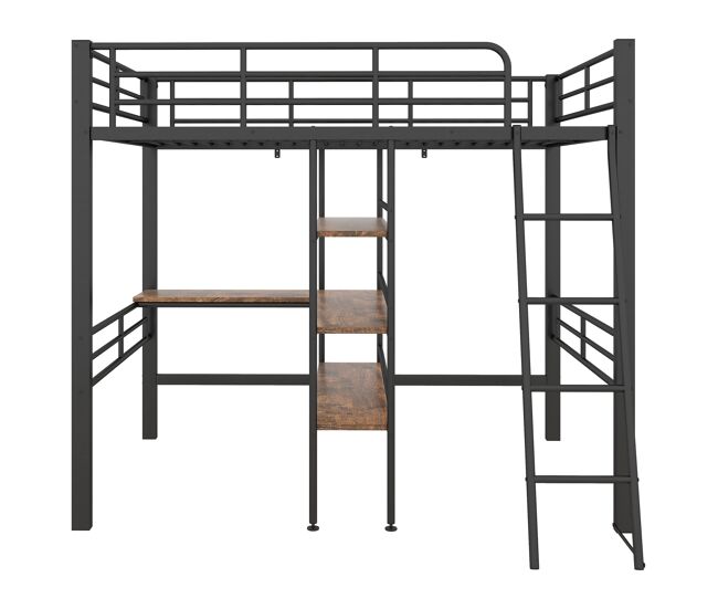 Cama alta 90x200 cm - con escritorio y estantes de almacenamiento - negro