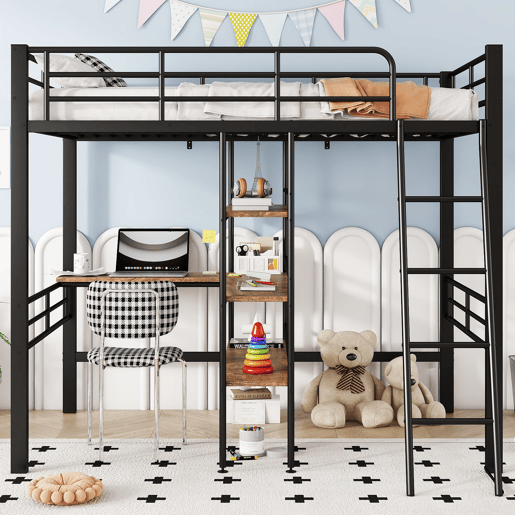Cama alta 90x200 cm - com secretária e prateleiras para arrumação - Preto