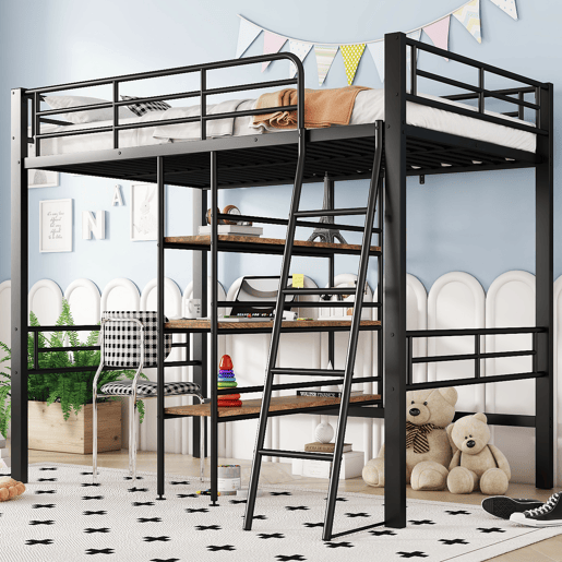 Cama alta 90x200 cm - com secretária e prateleiras para arrumação - Preto