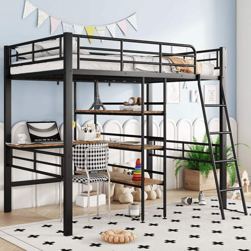 Cama alta 90x200 cm - com secretária e prateleiras para arrumação - Preto