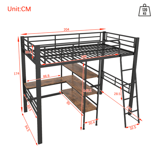 Cama alta 90x200 cm - com secretária e prateleiras para arrumação - Preto