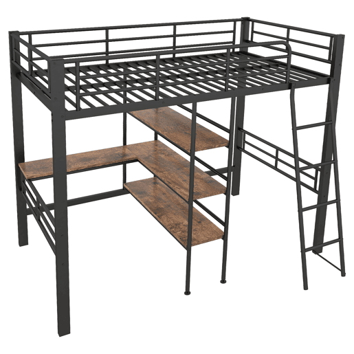 Cama alta 90x200 cm - com secretária e prateleiras para arrumação - Preto