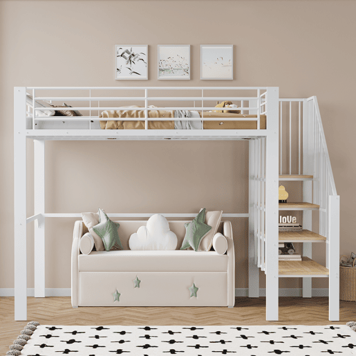 Cama alta de metal 140 x 200 cm - estrutura estável com amplo espaço de arrumação debaixo da cama e escada, ideal para crianças e adultos - branco