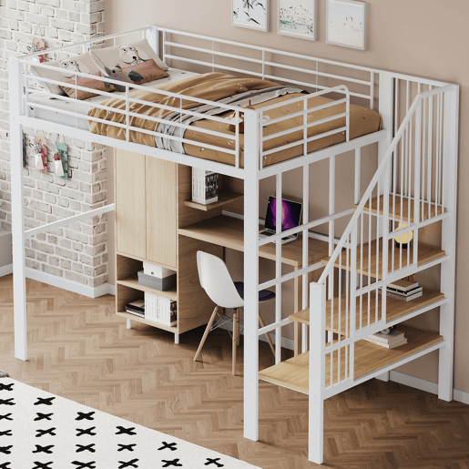 Cama alta de metal 140 x 200 cm - estrutura estável com amplo espaço de arrumação debaixo da cama e escada, ideal para crianças e adultos - branco