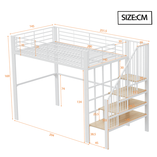 Cama alta de metal 140 x 200 cm - estrutura estável com amplo espaço de arrumação debaixo da cama e escada, ideal para crianças e adultos - branco