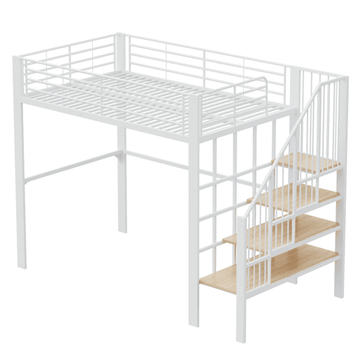 Cama alta de metal 140 x 200 cm - estrutura estável com amplo espaço de arrumação debaixo da cama e escada, ideal para crianças e adultos - branco