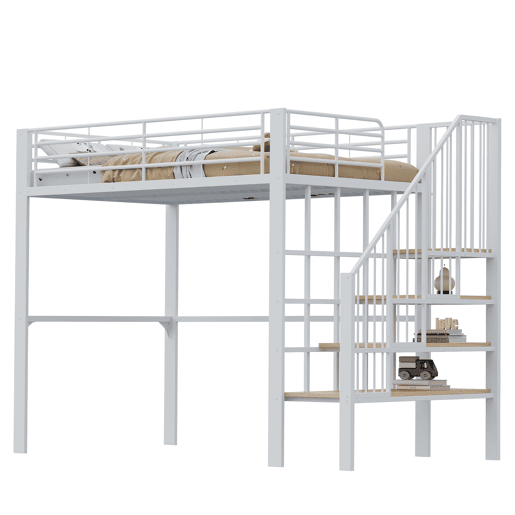 Cama alta de metal 140 x 200 cm - estrutura estável com amplo espaço de arrumação debaixo da cama e escada, ideal para crianças e adultos - branco