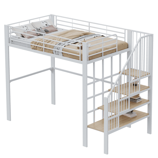 Cama alta de metal 140 x 200 cm - estrutura estável com amplo espaço de arrumação debaixo da cama e escada, ideal para crianças e adultos - branco