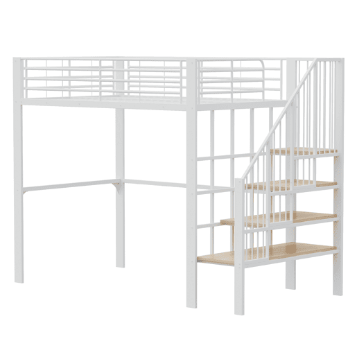 Cama alta de metal 140 x 200 cm - estrutura estável com amplo espaço de arrumação debaixo da cama e escada, ideal para crianças e adultos - branco