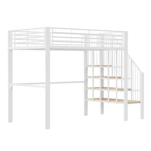 Cama alta de metal 140 x 200 cm - estrutura estável com amplo espaço de arrumação debaixo da cama e escada, ideal para crianças e adultos - branco