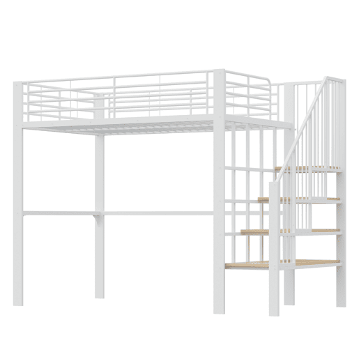 Cama alta de metal 140 x 200 cm - estrutura estável com amplo espaço de arrumação debaixo da cama e escada, ideal para crianças e adultos - branco