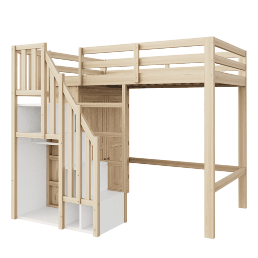 Cama alta 90x200 cm - Com escada de segurança, armário de arrumação - Cor madeira natural