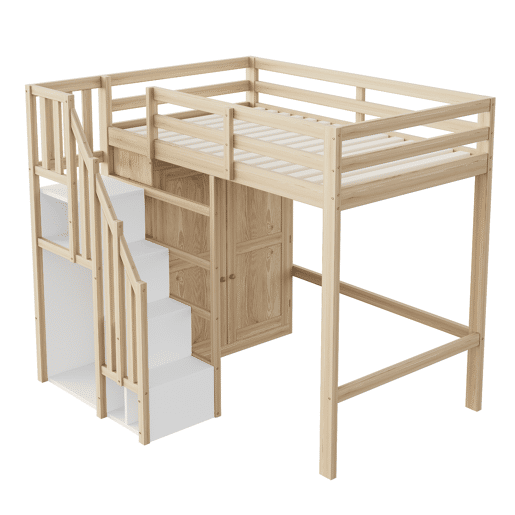 Cama alta 90x200 cm - Com escada de segurança, armário de arrumação - Cor madeira natural