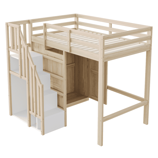 Cama alta 90x200 cm - Com escada de segurança, armário de arrumação - Cor madeira natural