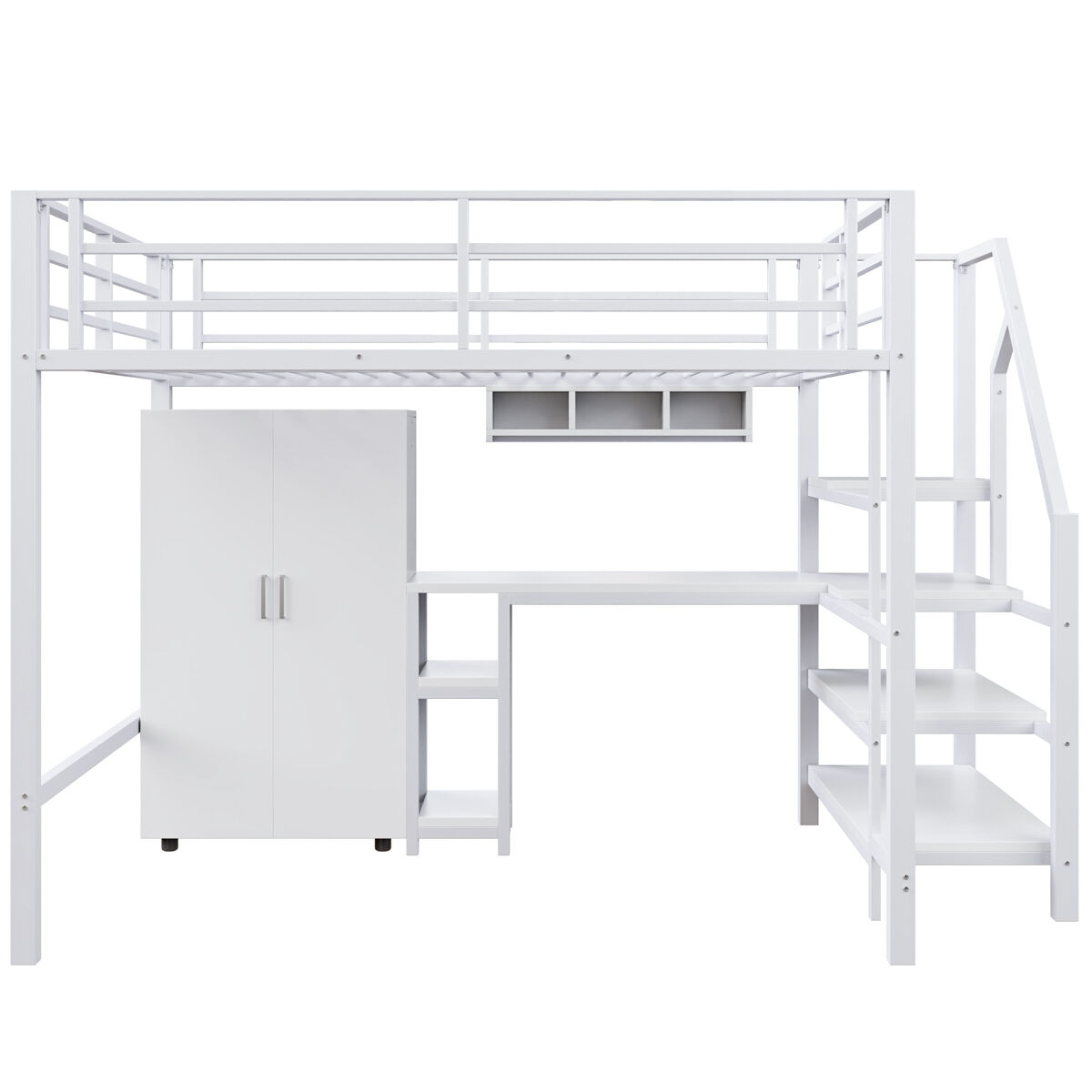 Cama alta de metal de 140x200 cm - con escritorio, armario y escalera de almacenaje - blanco