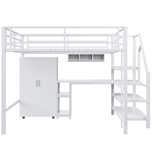 Cama alta metálica 140x200 cm - com secretária, roupeiro e escada de arrumação - Branco Cama alta metálica 140x200 cm - com secretária, roupeiro e escada de arrumação - Branco