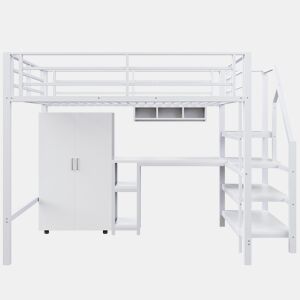 Cama alta metálica 140x200 cm - com secretária, roupeiro e escada de arrumação - Branco