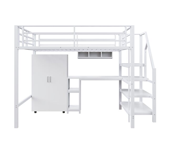 Cama alta de metal de 140x200 cm - con escritorio, armario y escalera de almacenaje - blanco