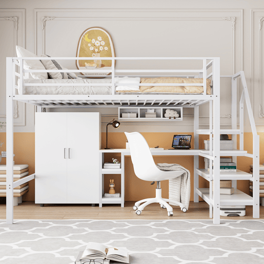Cama alta metálica 140x200 cm - com secretária, roupeiro e escada de arrumação - Branco Cama alta metálica 140x200 cm - com secretária, roupeiro e escada de arrumação - Branco