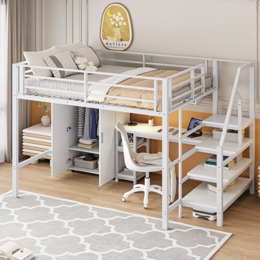 Cama alta metálica 140x200 cm - com secretária, roupeiro e escada de arrumação - Branco Cama alta metálica 140x200 cm - com secretária, roupeiro e escada de arrumação - Branco