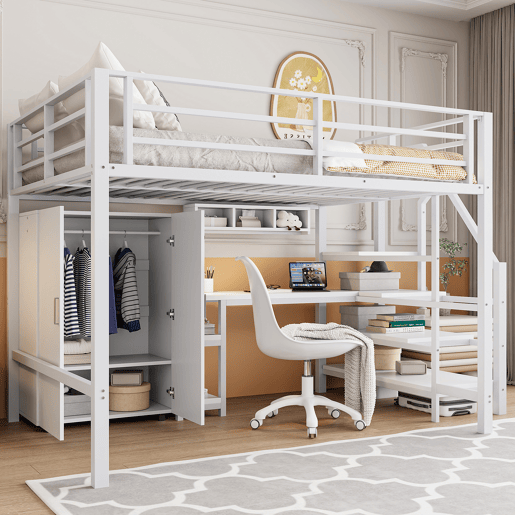Cama alta metálica 140x200 cm - com secretária, roupeiro e escada de arrumação - Branco Cama alta metálica 140x200 cm - com secretária, roupeiro e escada de arrumação - Branco